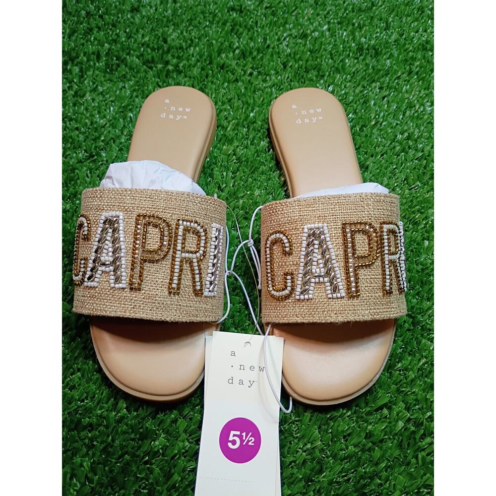 A New Day Nehemia Beaded Canvas Slide Sandals - Tan, Size 5.5